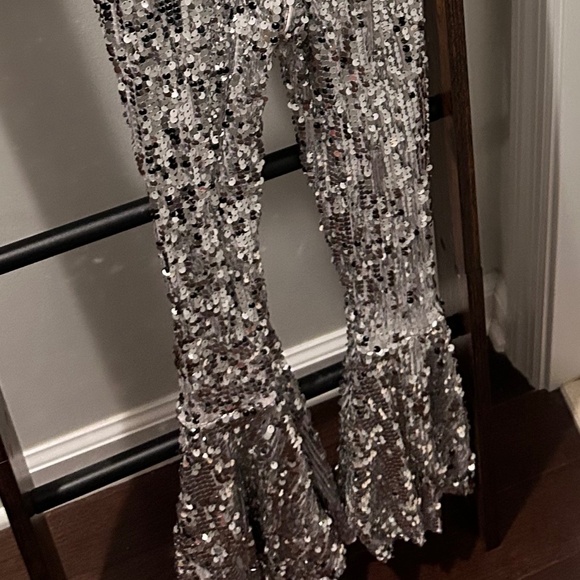 Disco Bell-bottoms Sequins Silver Jumpsuit - Picture 2 of 5